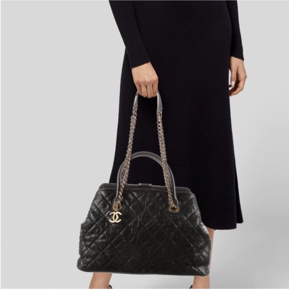 Chanel Vintage Black Quilted Tote with Gold Accents